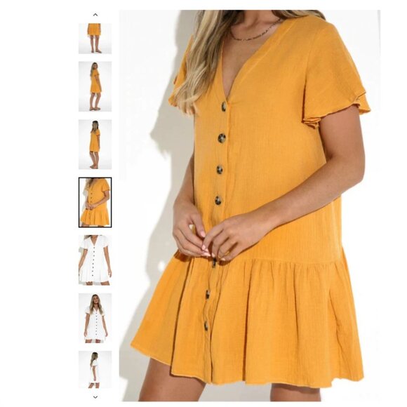 Lost In Lunar Mika Turmeric Button-Up Cotton Gauze Boho Festival Mini Dress XS - Picture 1 of 12